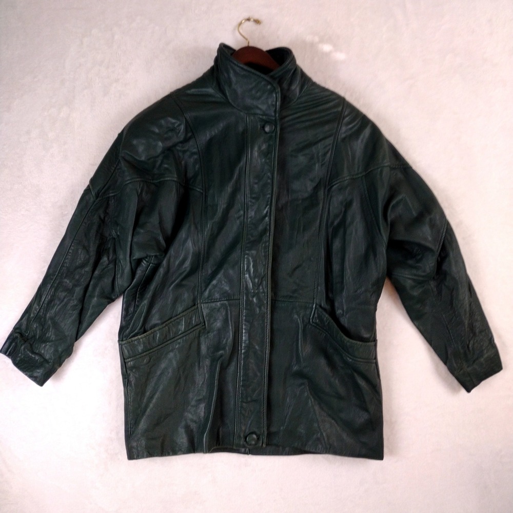 Outerwear Essentials Green Leather Jacket Mock Neck Vintage Style C610R Large
